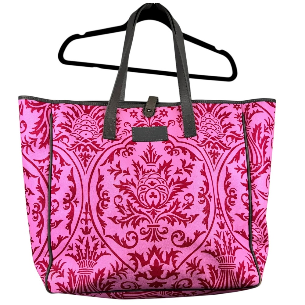 Mulholland‎ Tote Bag Large Pink Red Damask Pattern Travel Resort Beach